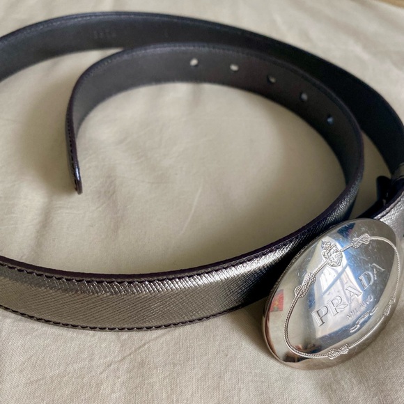 Prada Saffiano Engraved Logo Metallic Dark Silver Belt - Picture 2 of 13